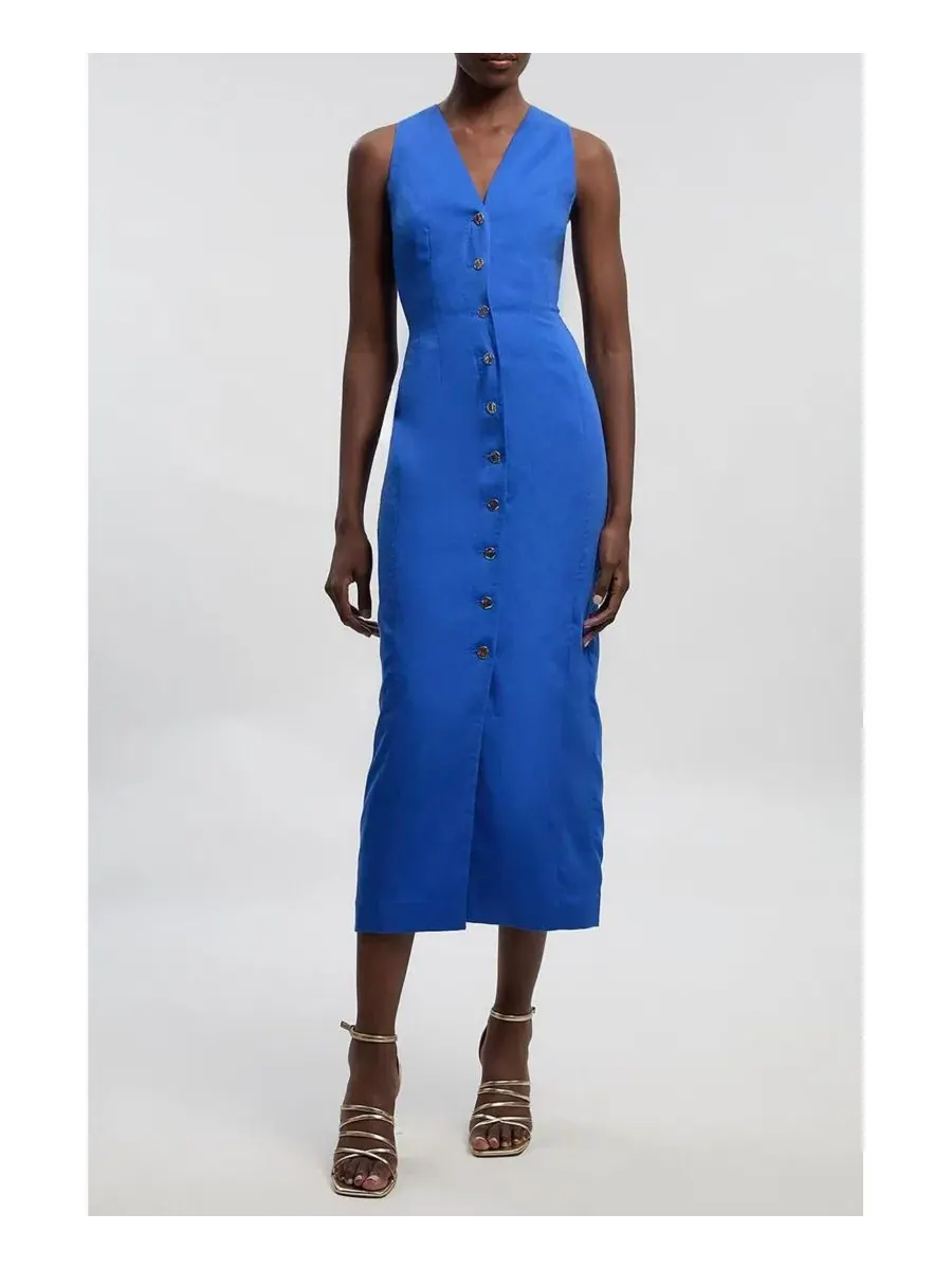 Платье миди с корсетной спинкой Tailored Linen Corset Back Midi Dress Karen Millen — изображение 6 из 6, синий