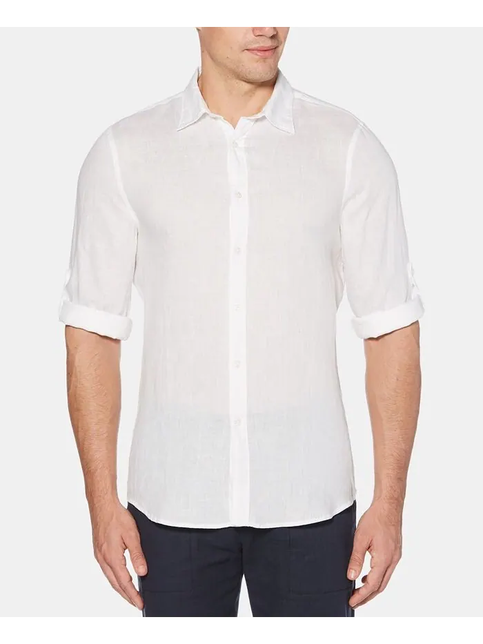 Мужская однотонная льняная рубашка с рулонными рукавами Perry Ellis — изображение 1 из 3, яркий белый