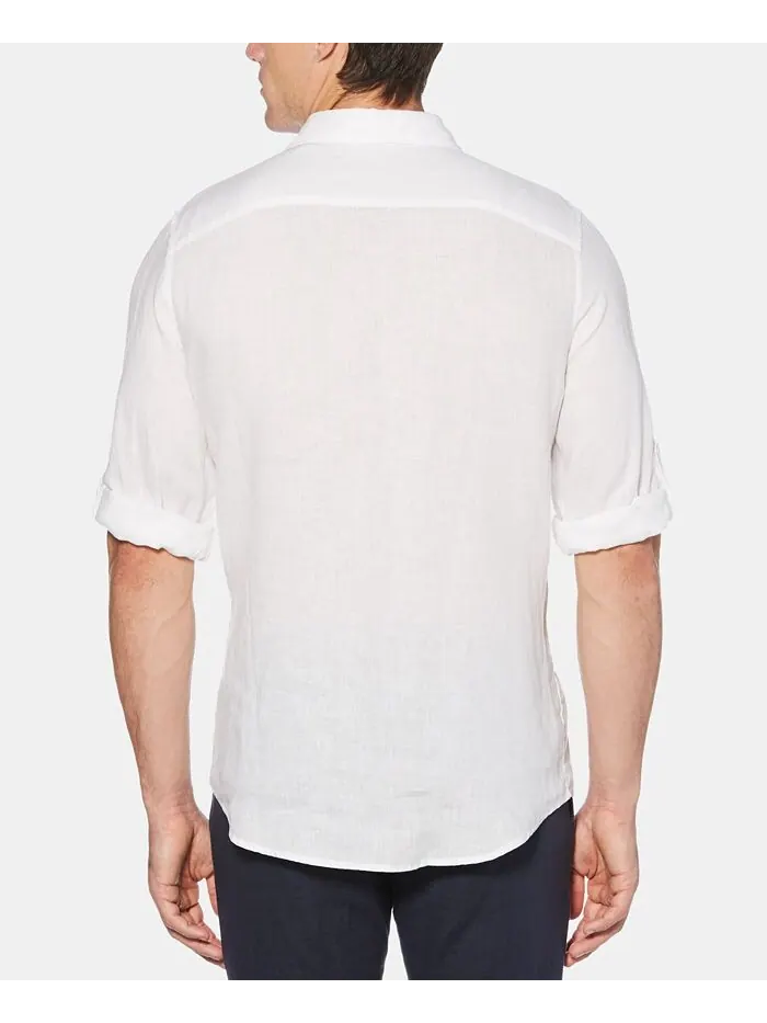 Мужская однотонная льняная рубашка с рулонными рукавами Perry Ellis — изображение 2 из 3, яркий белый