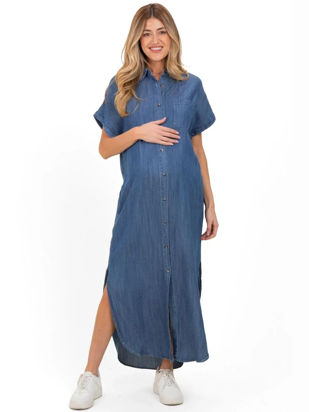 Платье-рубашка для беременных с коротким рукавом, модель Button Down Pinkblush — изображение 1 из 3, синий