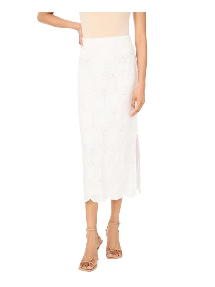 Юбка миди с вышивкой и фигурным краем, модель Embroidered Scalloped Hem Midi Skirt Vince Camuto — изображение 2 из 4, белый