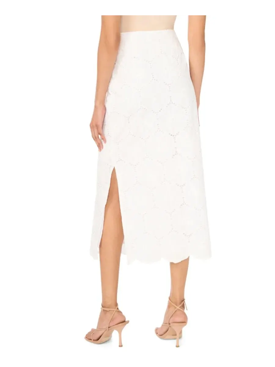 Юбка миди с вышивкой и фигурным краем, модель Embroidered Scalloped Hem Midi Skirt Vince Camuto — изображение 4 из 4, белый