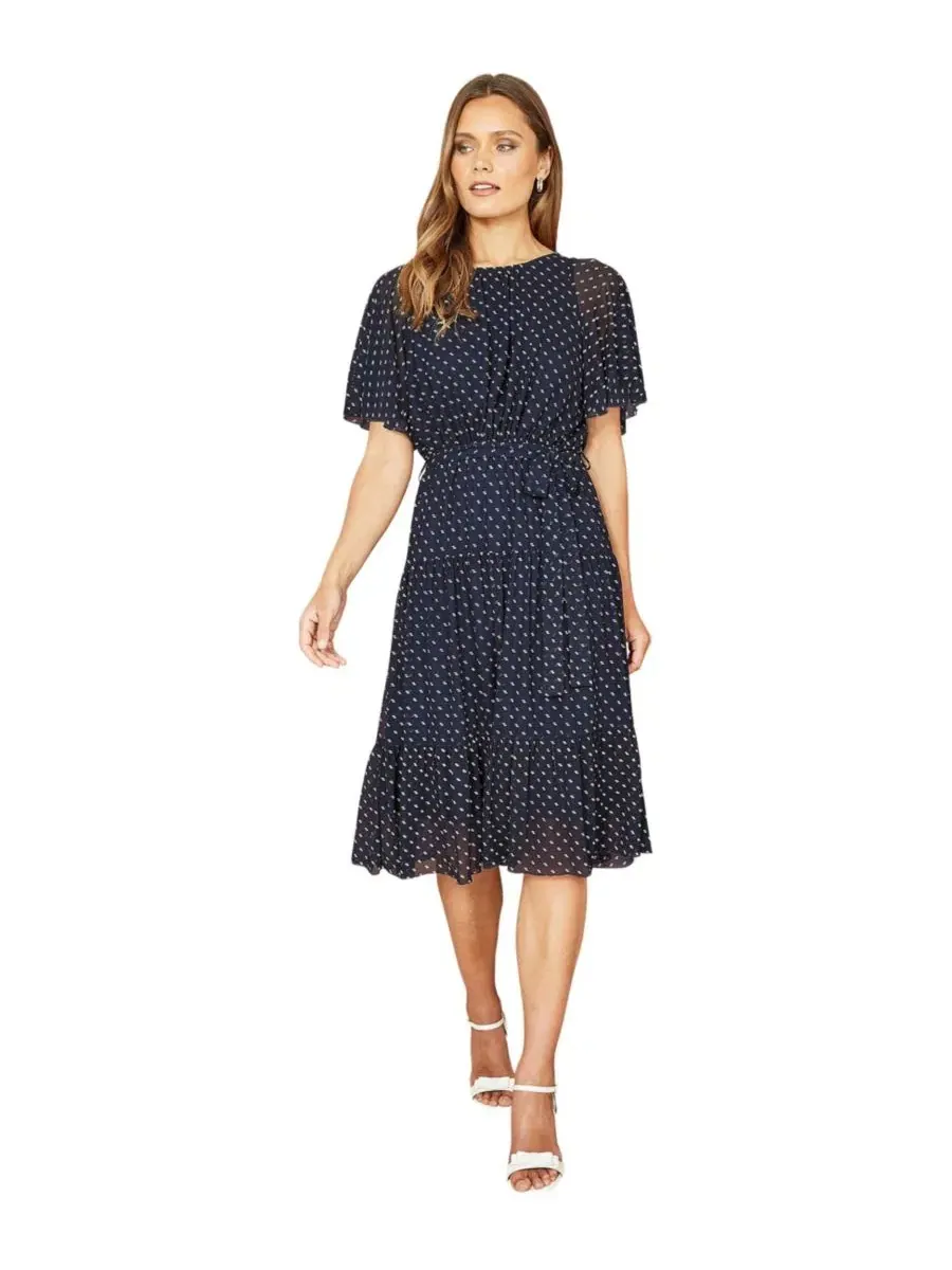 Платье-трапеция с принтом в горошек, модель Dot Print Mesh Stretch Midi Yumi — изображение 1 из 6, темно-синий