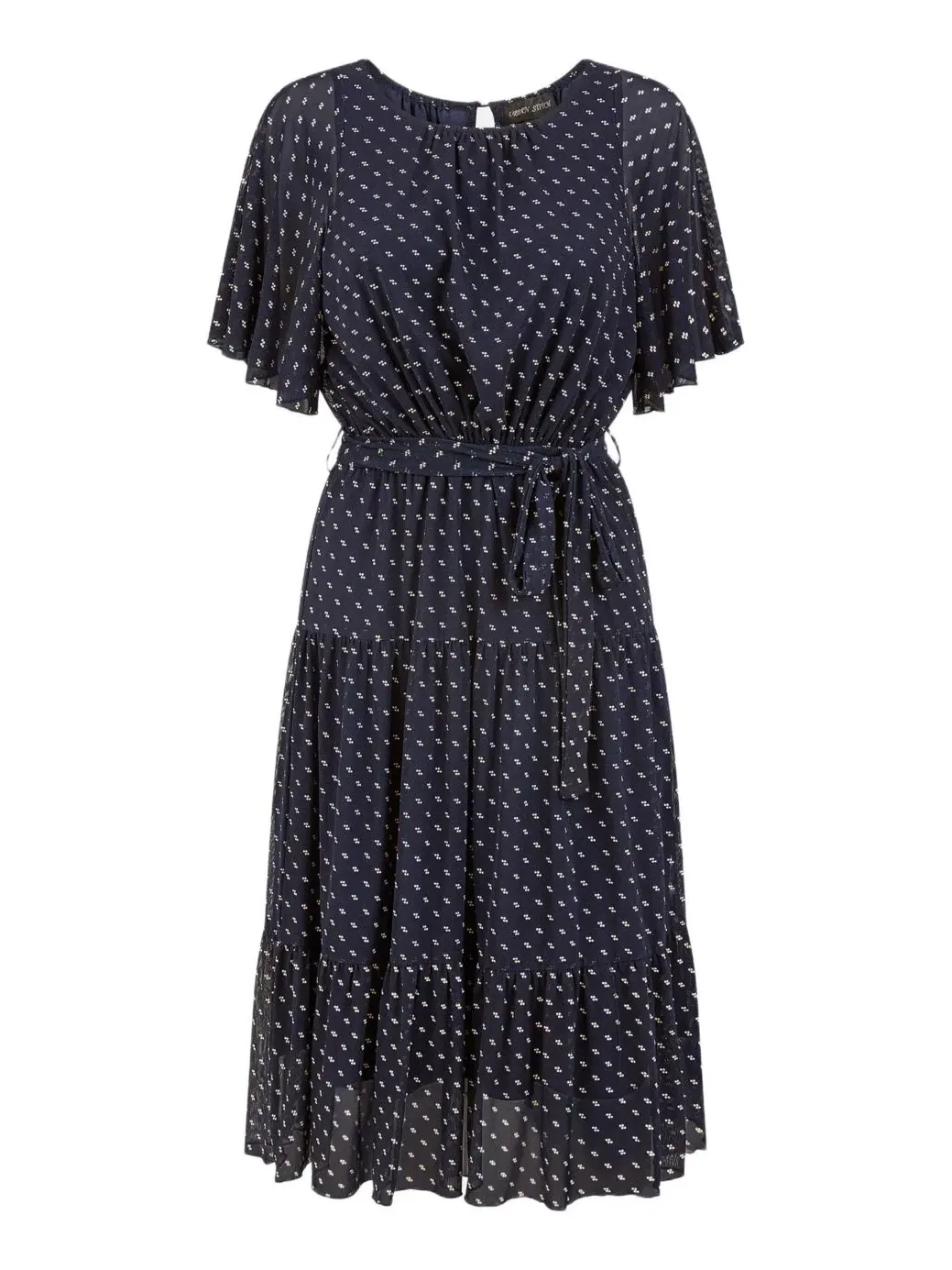 Платье-трапеция с принтом в горошек, модель Dot Print Mesh Stretch Midi Yumi — изображение 2 из 6, темно-синий