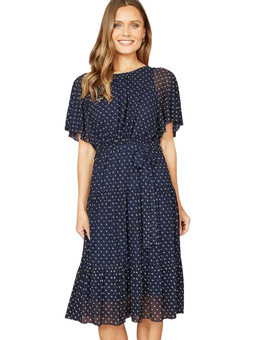 Платье-трапеция с принтом в горошек, модель Dot Print Mesh Stretch Midi Yumi — изображение 3 из 6, темно-синий