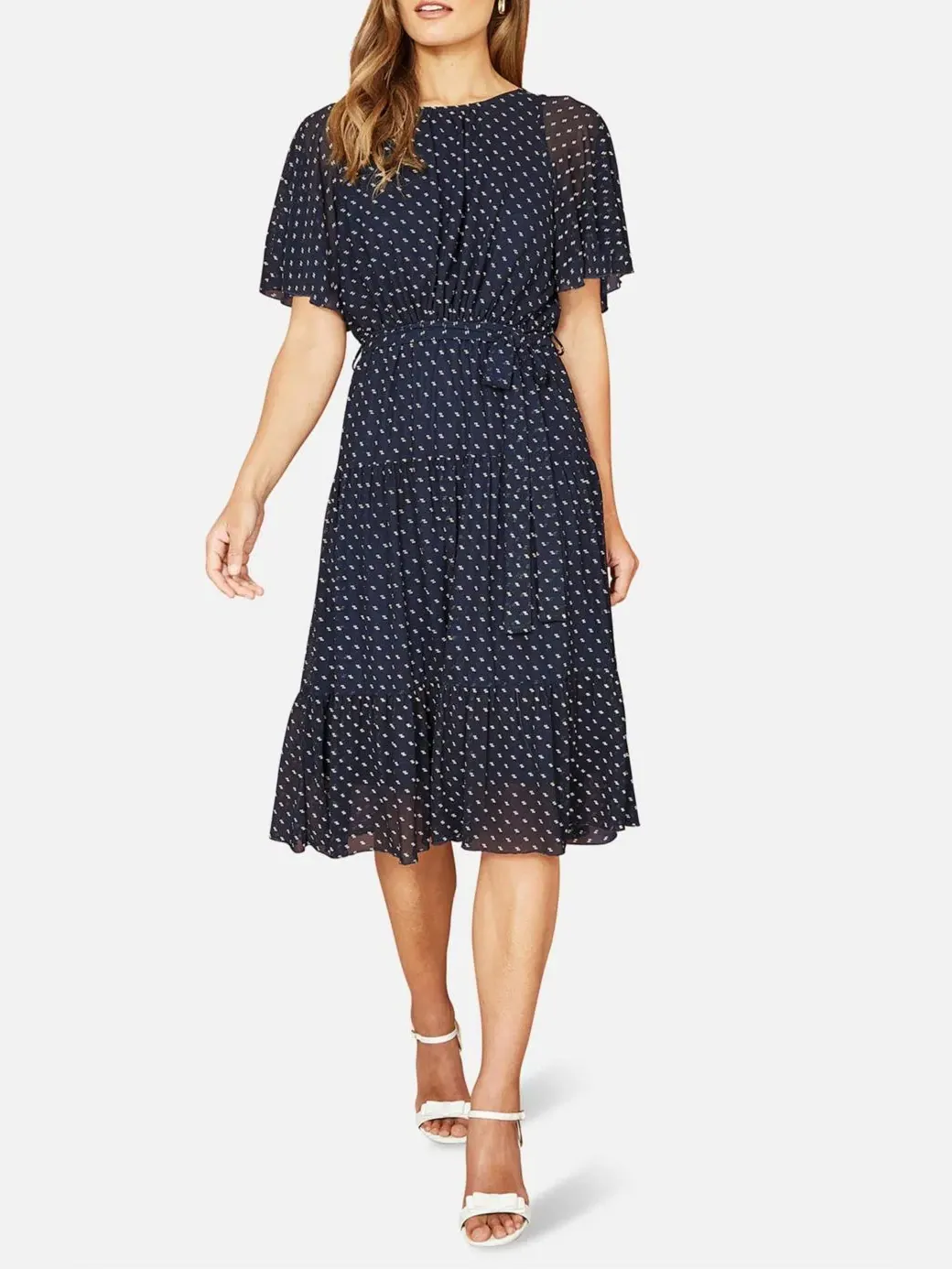 Платье-трапеция с принтом в горошек, модель Dot Print Mesh Stretch Midi Yumi — изображение 4 из 6, темно-синий