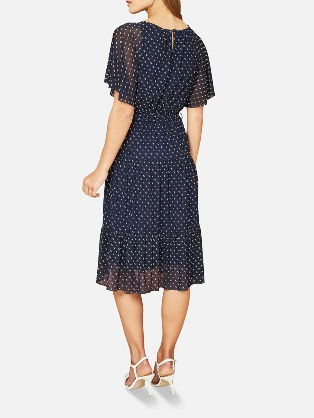 Платье-трапеция с принтом в горошек, модель Dot Print Mesh Stretch Midi Yumi — изображение 5 из 6, темно-синий