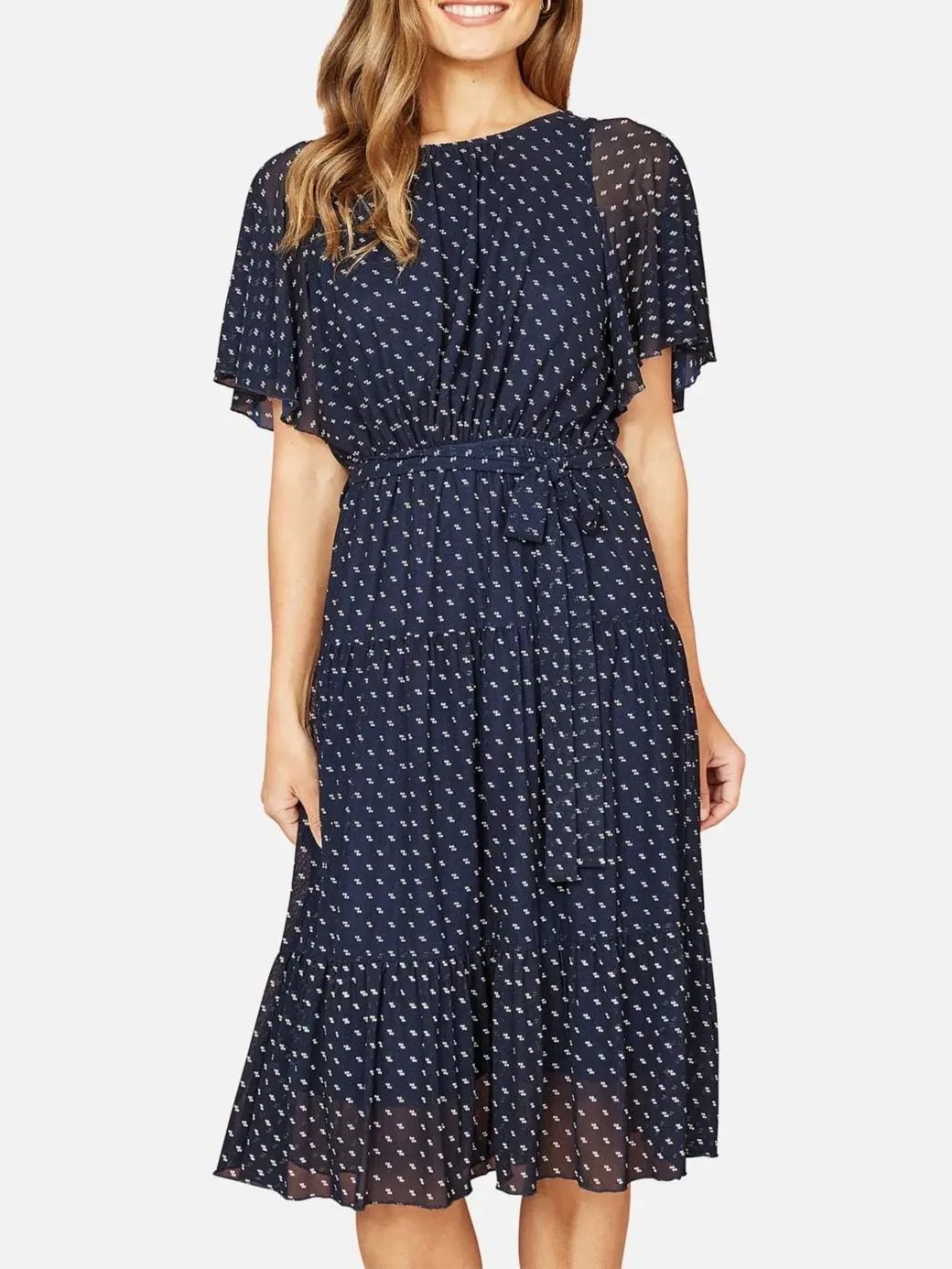 Платье-трапеция с принтом в горошек, модель Dot Print Mesh Stretch Midi Yumi — изображение 6 из 6, темно-синий