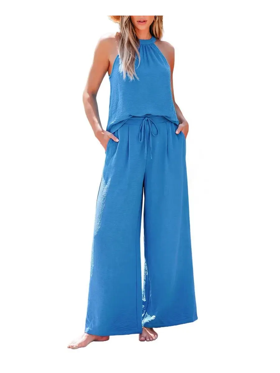 Комплект из топа и брюк с V-образным вырезом Blue Horizon Casual Resort Co-Ord Set Cupshe — изображение 2 из 3, светлый/синий
