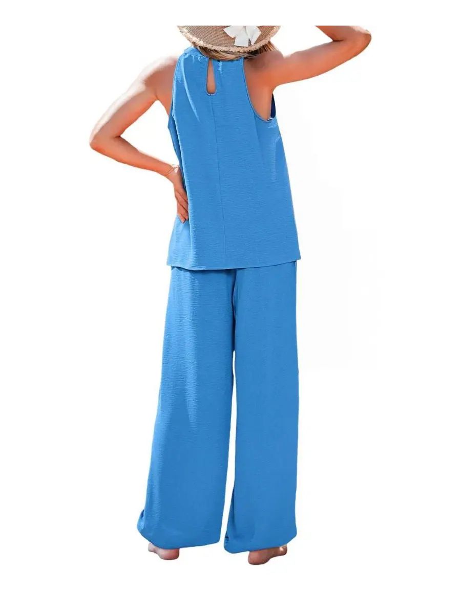Комплект из топа и брюк с V-образным вырезом Blue Horizon Casual Resort Co-Ord Set Cupshe — изображение 3 из 3, светлый/синий