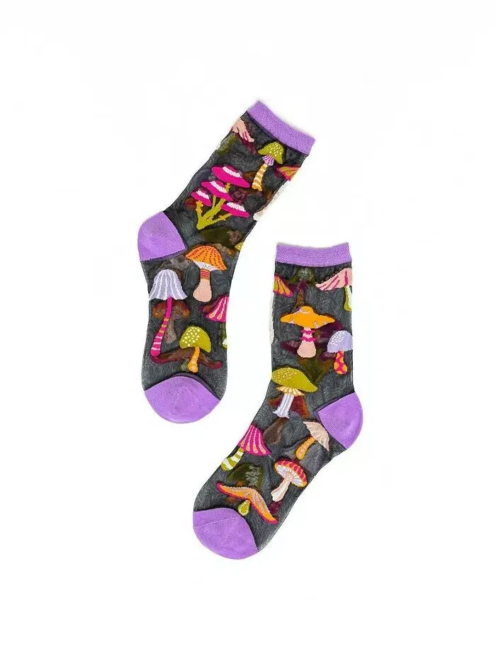 Женские прозрачные носки черного цвета с волшебными грибами Sock Candy — бежевый