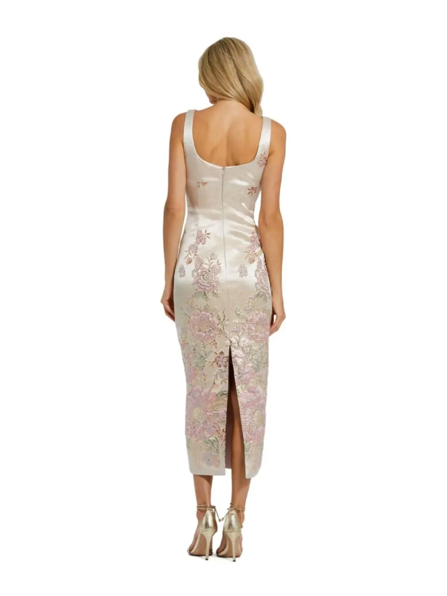 Женское миди-платье с облегающим силуэтом, бретелями, вырезом-лодочкой и корсетом из парчи Mac — изображение 3 из 4, мульти