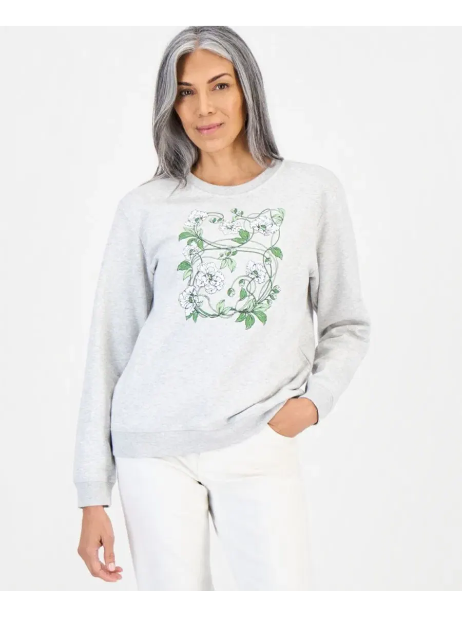 Женский свитшот из флиса с длинным рукавом и принтом Winding Floral Style & Co — изображение 1 из 4, серый