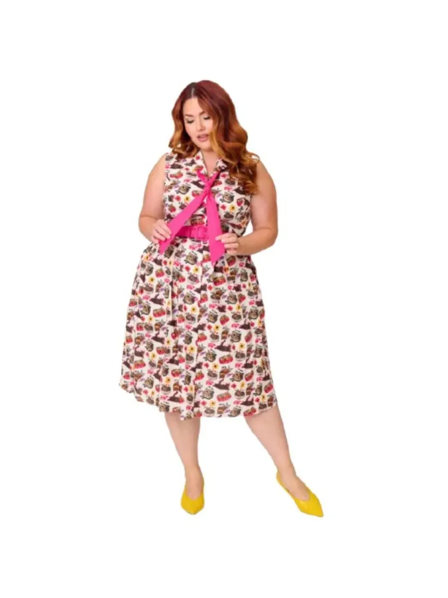 Платье-трапеция с принтом White Cat Print, модель Edith Swing Dress Unique Vintage — изображение 1 из 5, белый
