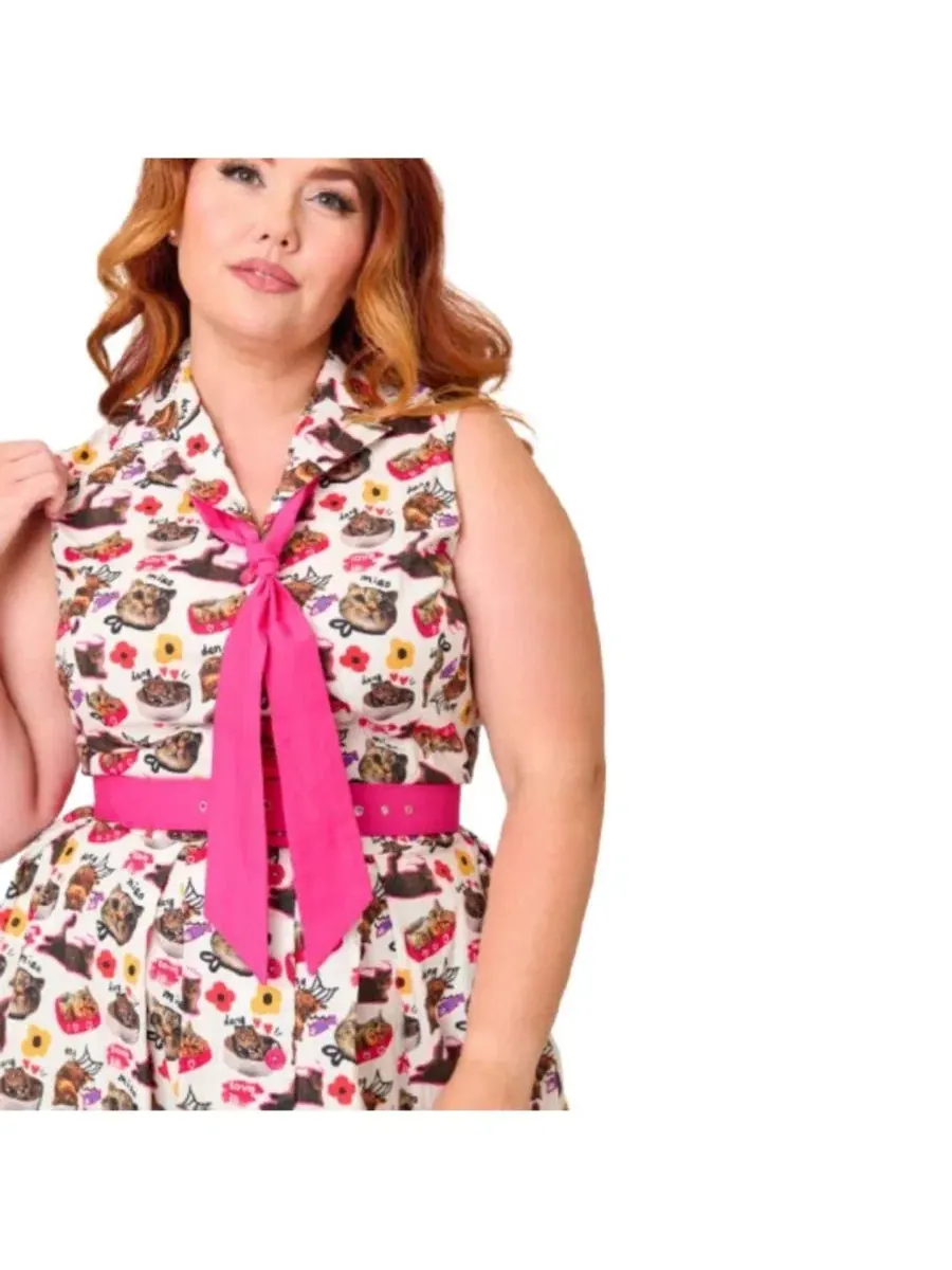 Платье-трапеция с принтом White Cat Print, модель Edith Swing Dress Unique Vintage — изображение 3 из 5, белый