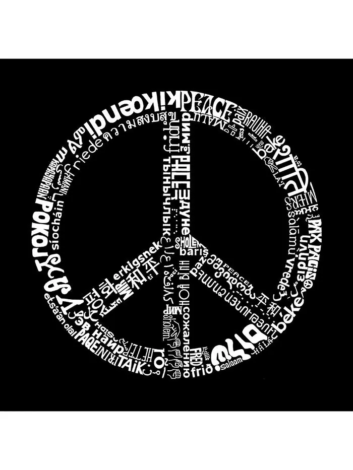 Мужская футболка с рисунком Word Art — Знак мира на 77 языках LA Pop Art — изображение 1 из 2, черный
