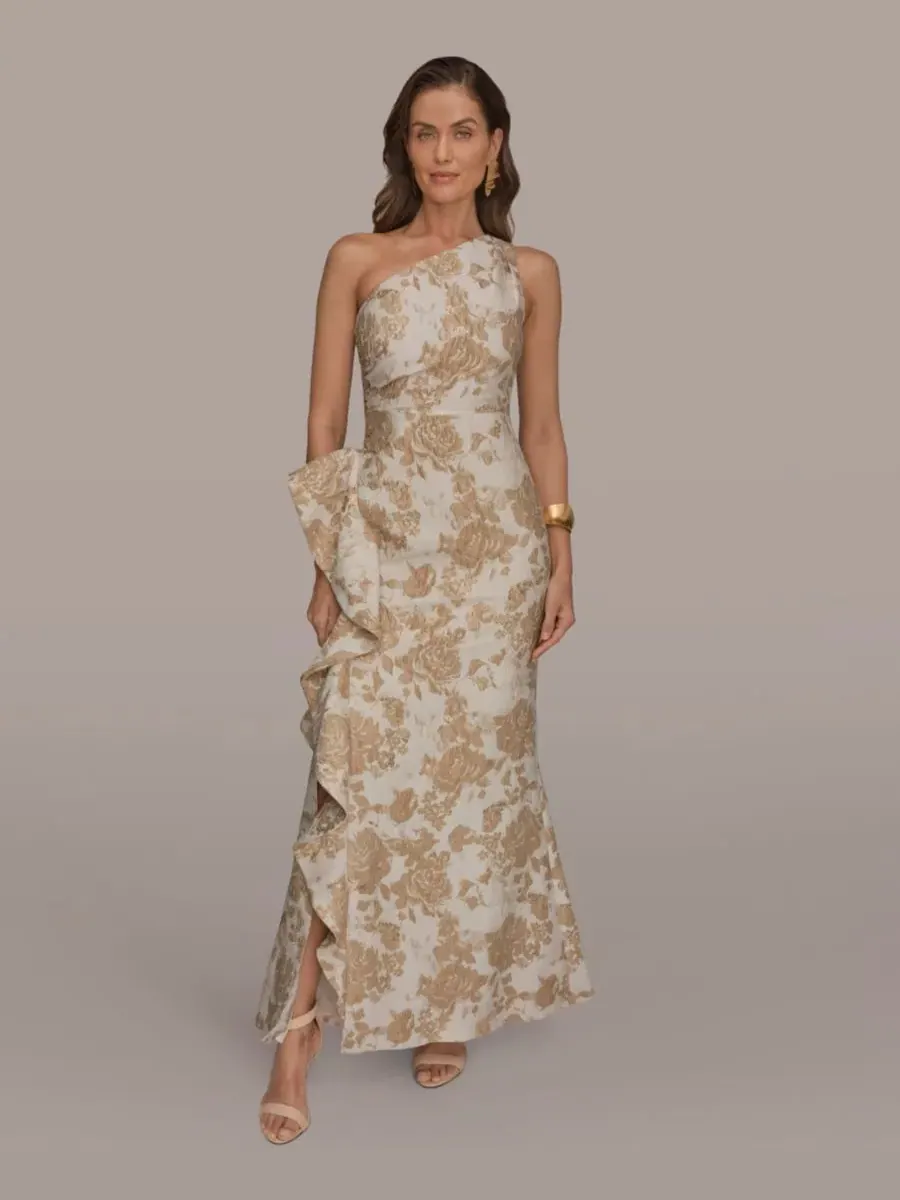 Платье-макси с одним плечом и цветочным принтом Petite Floral One-Shoulder Gown Donna Karan New York — изображение 1 из 6