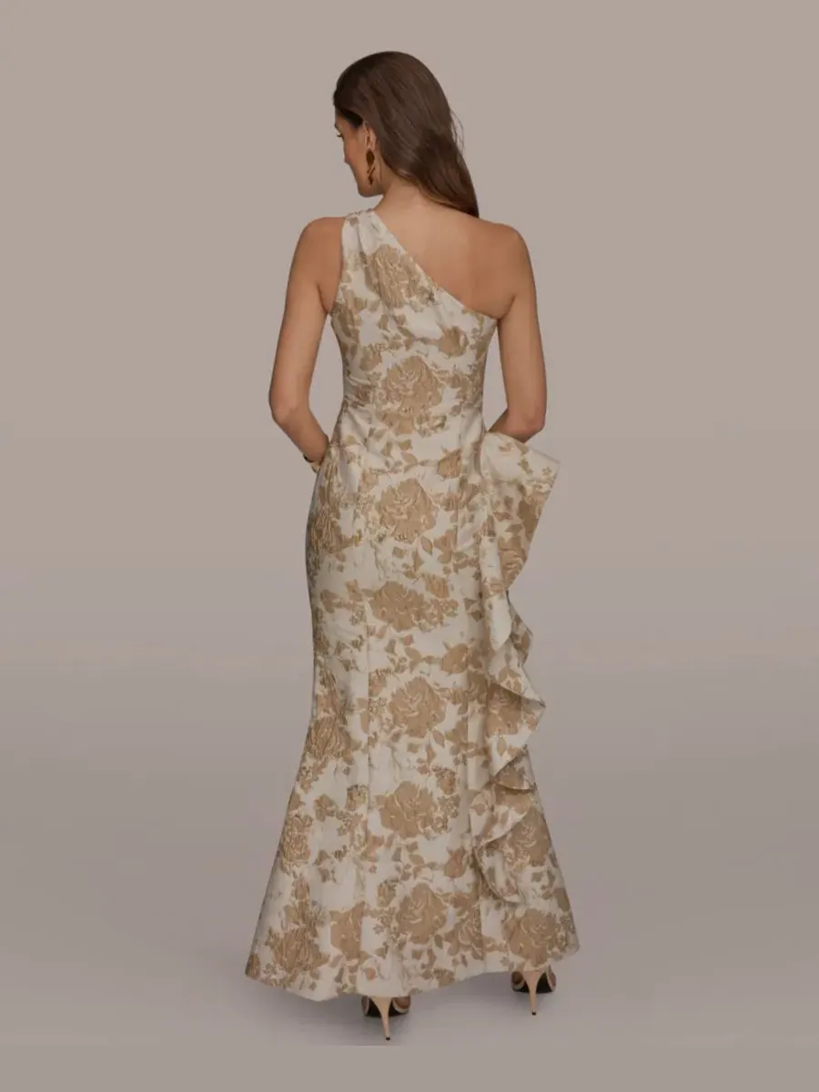 Платье-макси с одним плечом и цветочным принтом Petite Floral One-Shoulder Gown Donna Karan New York — изображение 4 из 6