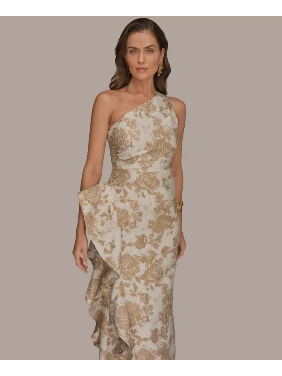 Платье-макси с одним плечом и цветочным принтом Petite Floral One-Shoulder Gown Donna Karan New York — изображение 6 из 6