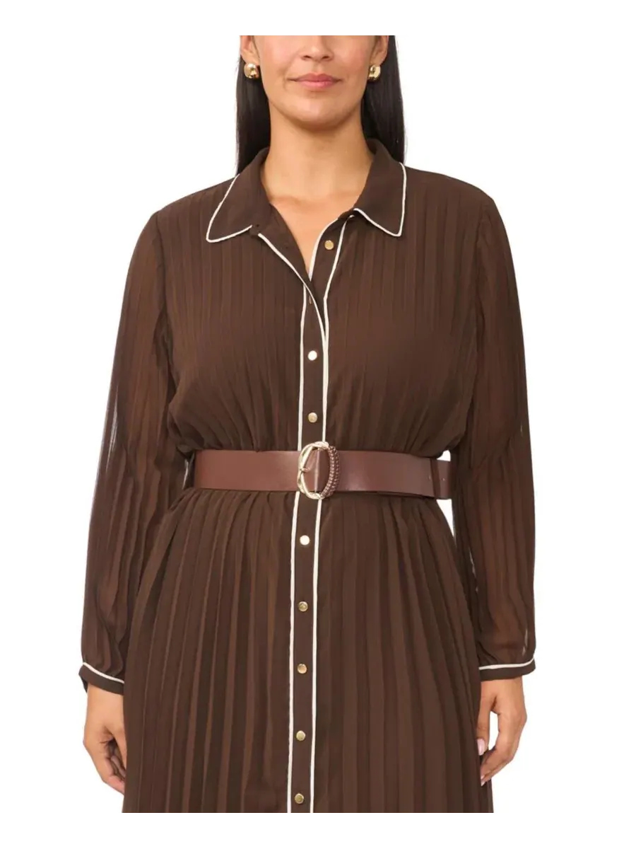 Платье-рубашка миди с поясом, модель Pleated Button-Up Long-Sleeve Midi Dress Vince Camuto — изображение 1 из 5, шоколадный