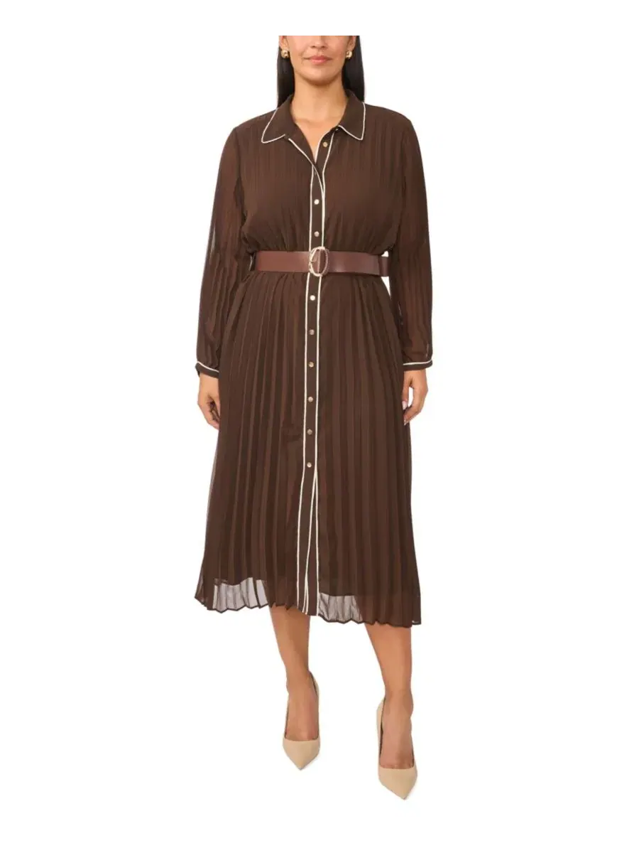 Платье-рубашка миди с поясом, модель Pleated Button-Up Long-Sleeve Midi Dress Vince Camuto — изображение 2 из 5, шоколадный