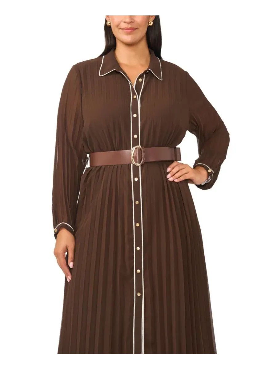 Платье-рубашка миди с поясом, модель Pleated Button-Up Long-Sleeve Midi Dress Vince Camuto — изображение 3 из 5, шоколадный