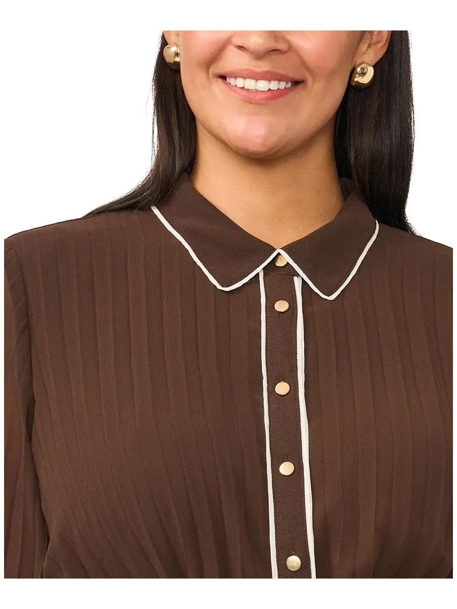 Платье-рубашка миди с поясом, модель Pleated Button-Up Long-Sleeve Midi Dress Vince Camuto — изображение 4 из 5, шоколадный
