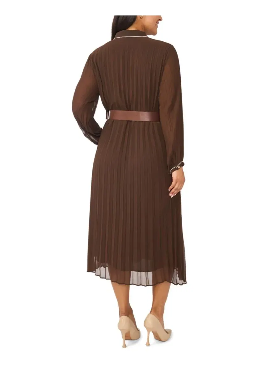 Платье-рубашка миди с поясом, модель Pleated Button-Up Long-Sleeve Midi Dress Vince Camuto — изображение 5 из 5, шоколадный