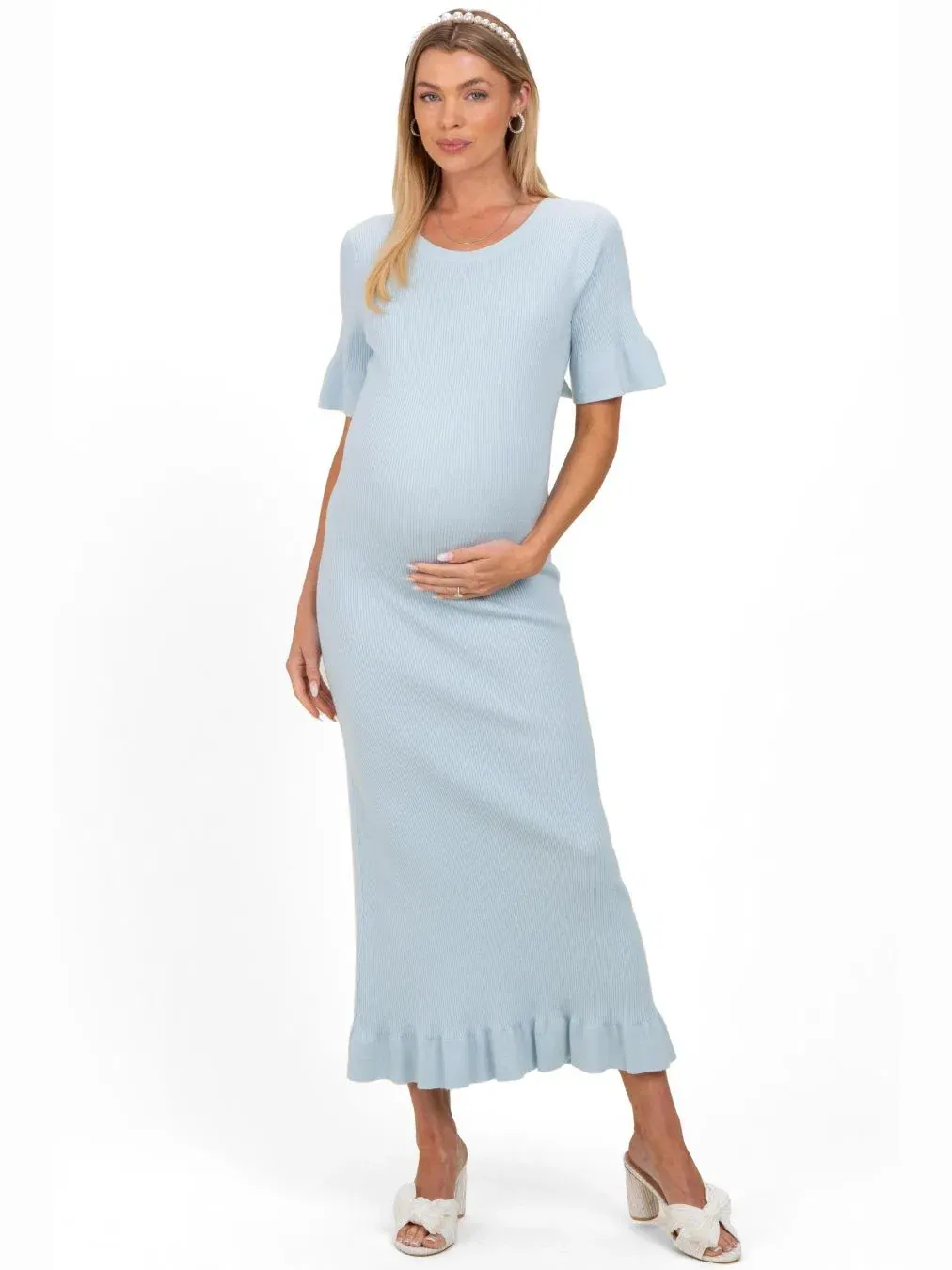 Платье для беременных с защипом на спине, модель Sky Ribbed Knit Bow Back Ruffle Accent Pinkblush