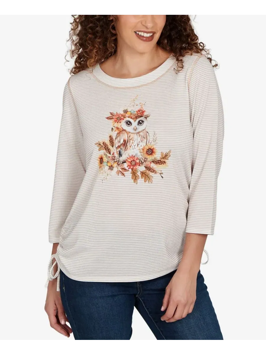 Вязаный топ с принтом совы Petite Autumn Owl Knit Top Alfred Dunner — изображение 1 из 5, бежевый мульти
