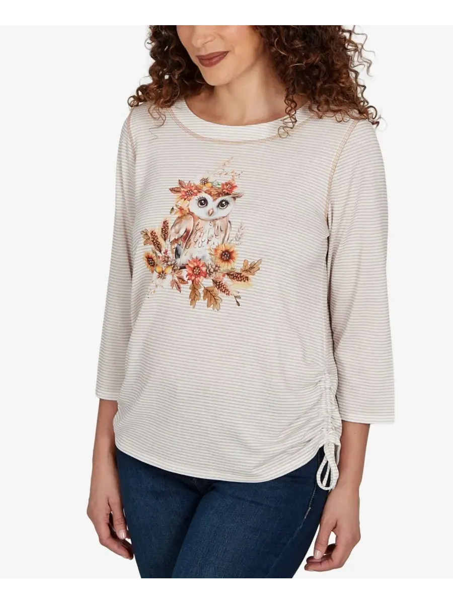 Вязаный топ с принтом совы Petite Autumn Owl Knit Top Alfred Dunner — изображение 2 из 5, бежевый мульти