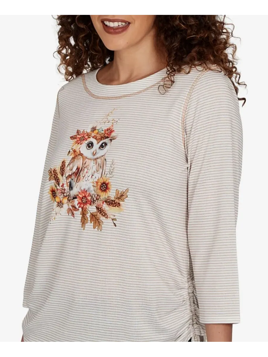 Вязаный топ с принтом совы Petite Autumn Owl Knit Top Alfred Dunner — изображение 4 из 5, бежевый мульти