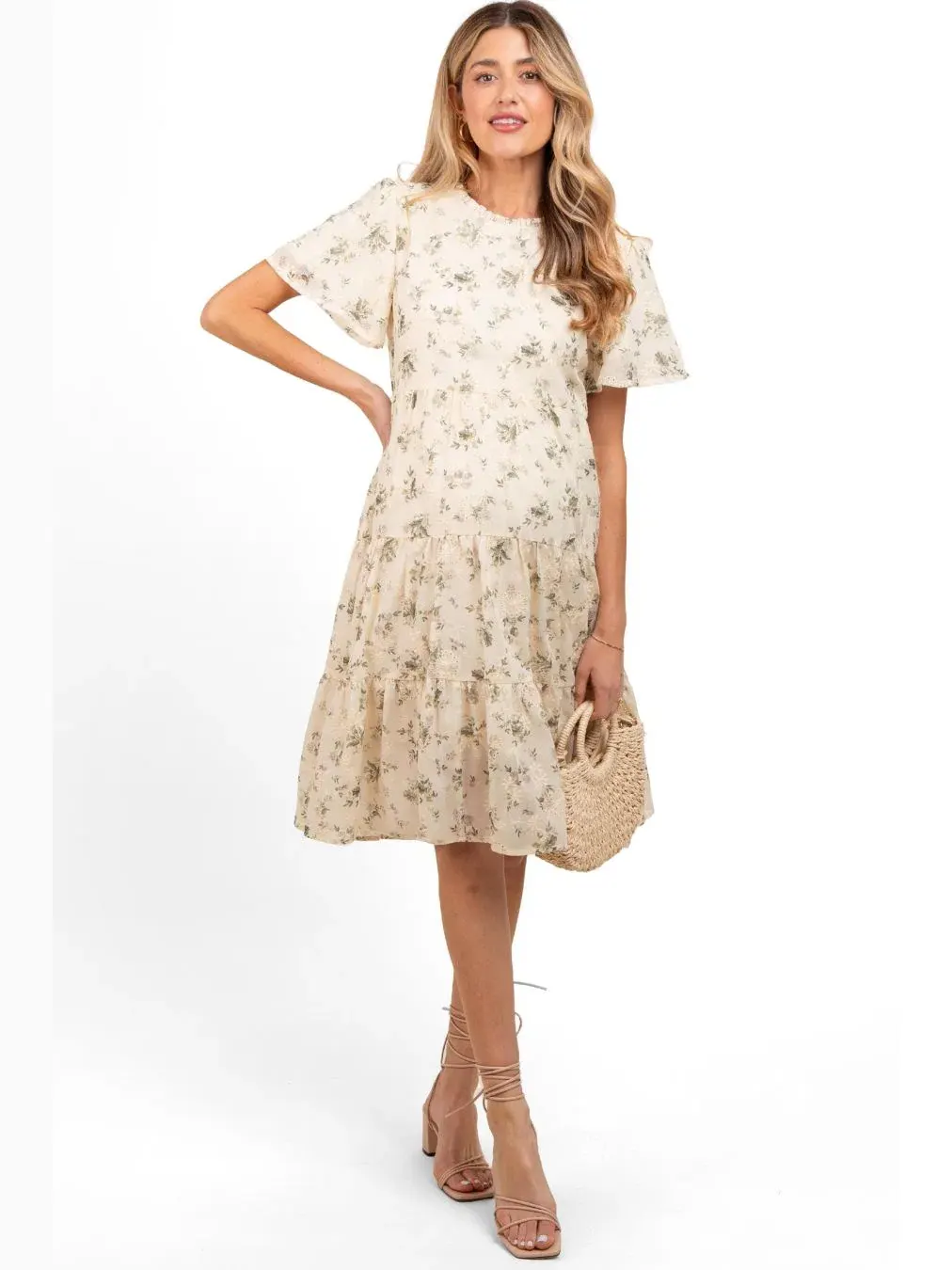 Платье для беременных с цветочным принтом и кружевом Pinkblush — изображение 3 из 5, бежевый