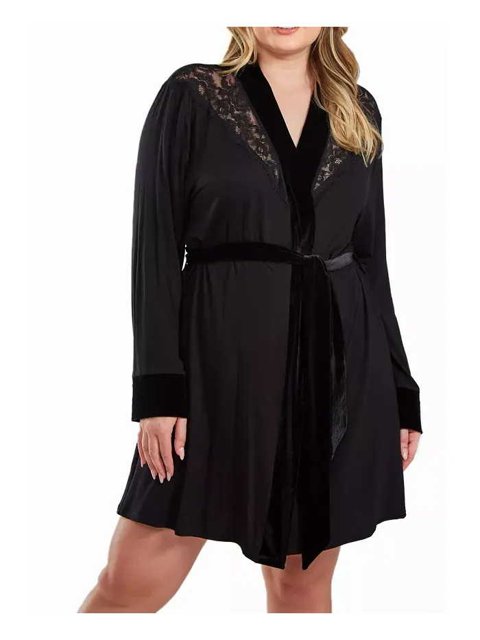 Халат Layna Plus Size из велюра и бархата с кружевной отделкой и завязками на резинке iCollection — изображение 1 из 2