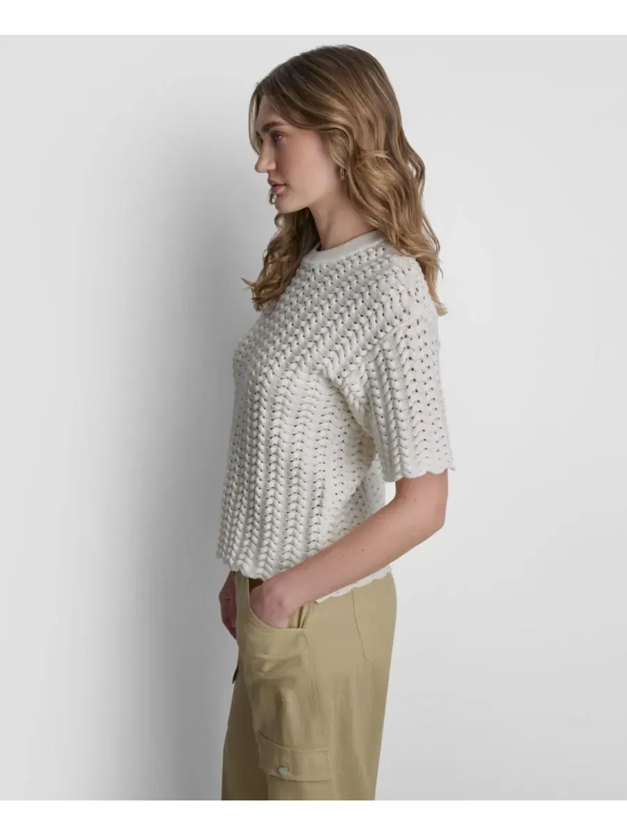 Свитер с открытой ажурной вязкой и коротким рукавом DKNY — изображение 3 из 6, кокос