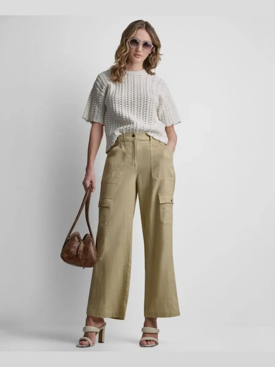 Свитер с открытой ажурной вязкой и коротким рукавом DKNY — изображение 4 из 6, кокос