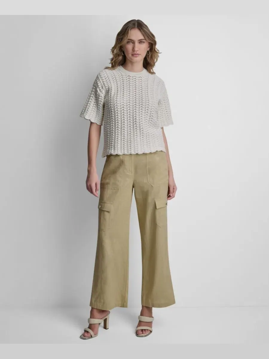 Свитер с открытой ажурной вязкой и коротким рукавом DKNY — изображение 5 из 6, кокос
