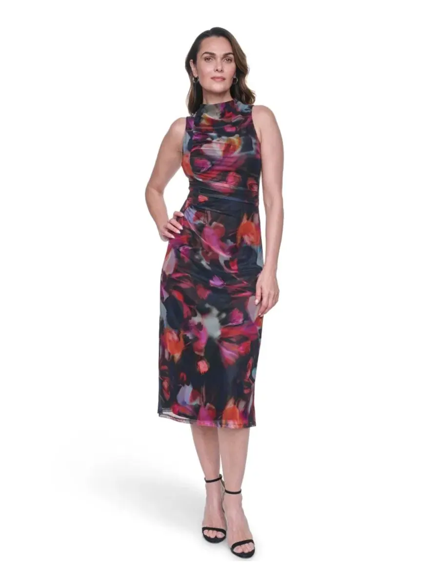 Платье миди с принтом и шнуровкой, модель Printed Mesh Shirred Midi Dress Vince Camuto — изображение 1 из 4, синий мульти