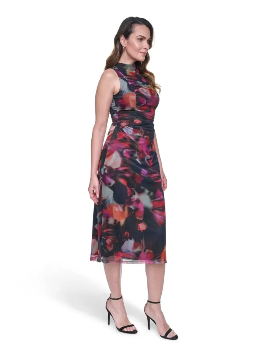 Платье миди с принтом и шнуровкой, модель Printed Mesh Shirred Midi Dress Vince Camuto — изображение 2 из 4, синий мульти