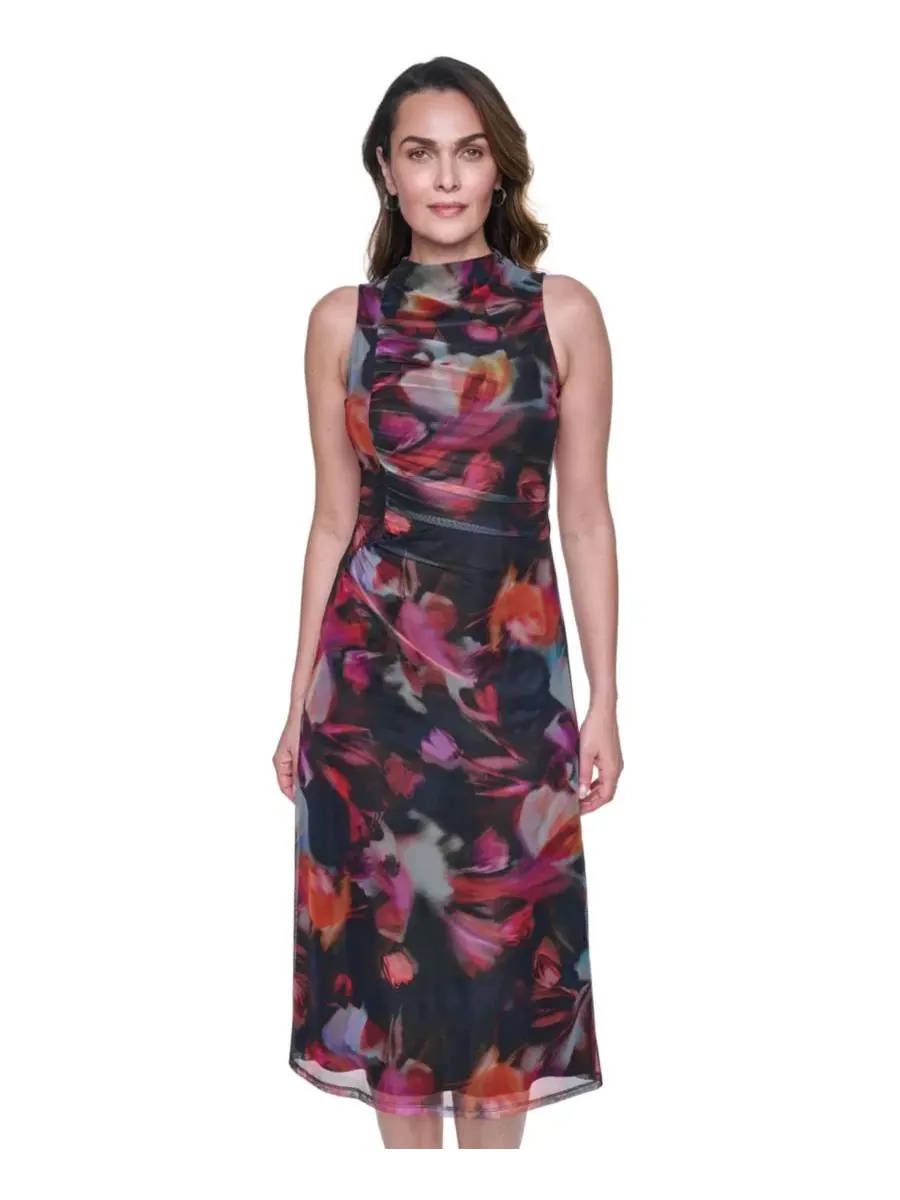 Платье миди с принтом и шнуровкой, модель Printed Mesh Shirred Midi Dress Vince Camuto — изображение 3 из 4, синий мульти