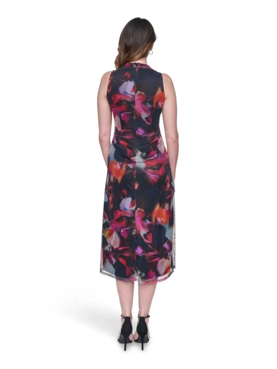 Платье миди с принтом и шнуровкой, модель Printed Mesh Shirred Midi Dress Vince Camuto — изображение 4 из 4, синий мульти