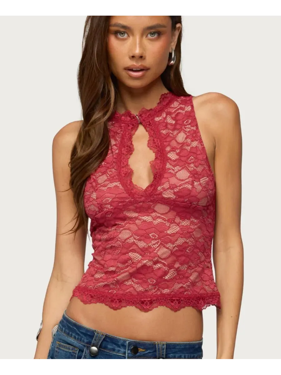 Топ без рукавов с вырезом и кружевными вставками Frieda Keyhole Cutout Lace Edikted — изображение 1 из 5, бордовый