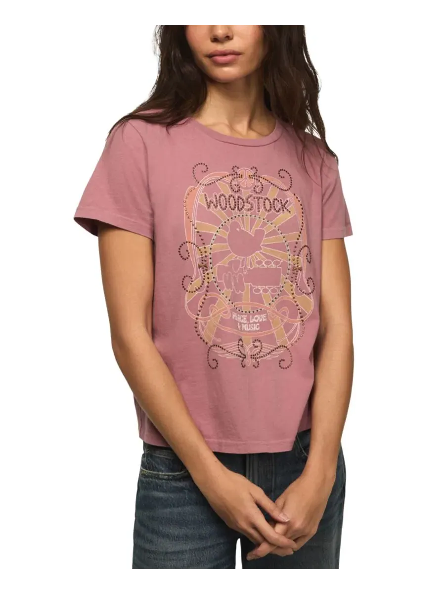 Женская классическая футболка с круглым вырезом Woodstock Peace Love Music Lucky Brand — изображение 1 из 4, розовый