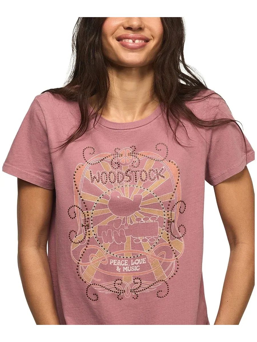 Женская классическая футболка с круглым вырезом Woodstock Peace Love Music Lucky Brand — изображение 2 из 4, розовый