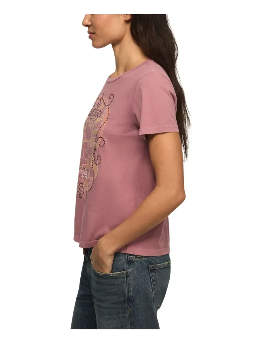 Женская классическая футболка с круглым вырезом Woodstock Peace Love Music Lucky Brand — изображение 3 из 4, розовый