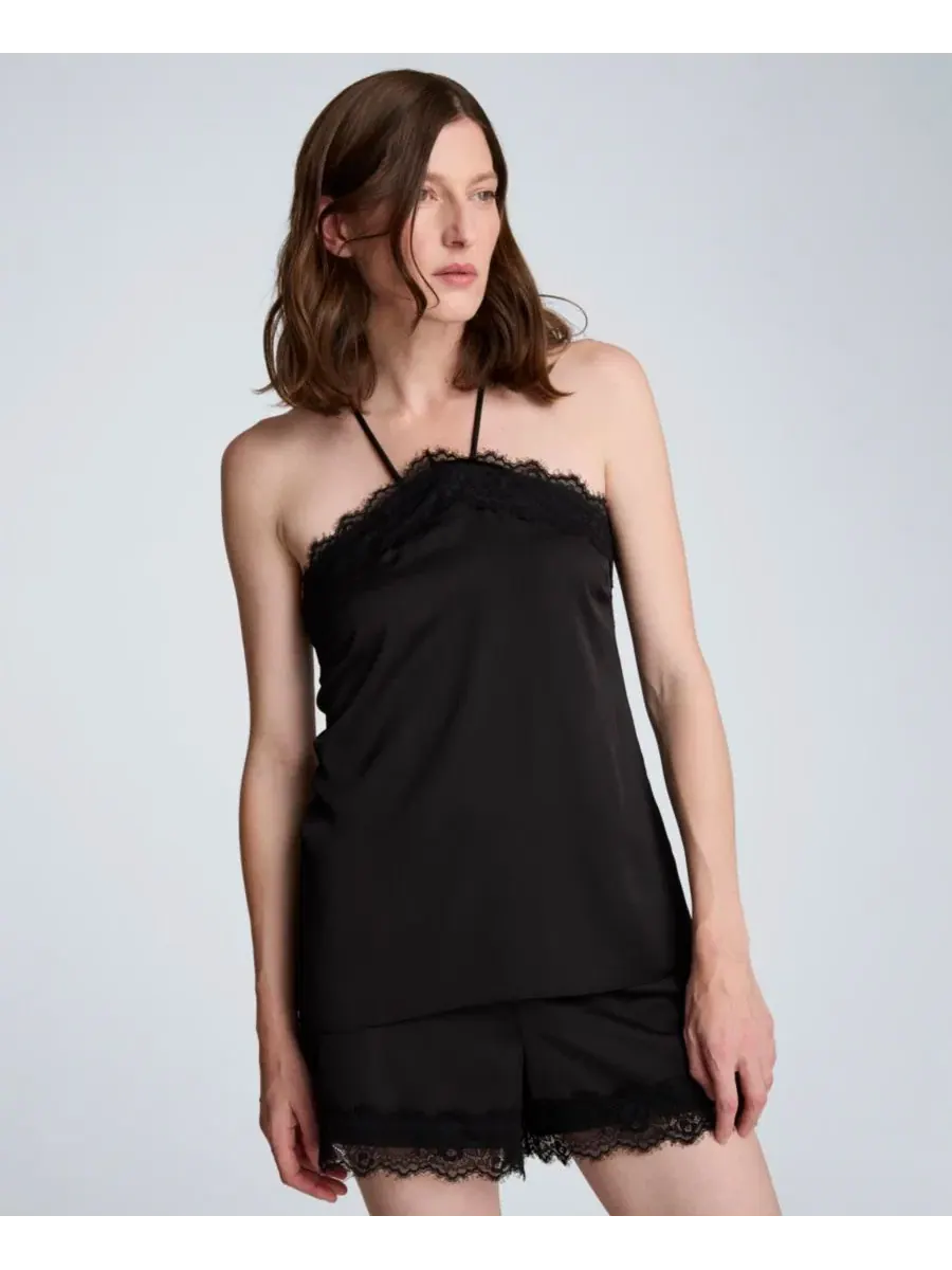 Топ из однотонного атласа с завязками на шее и кружевной отделкой Kenneth Cole — изображение 1 из 4, черный