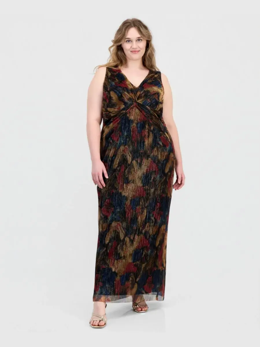 Платье-миди без рукавов с принтом, модель Metallic-Print Twist-Front Sleeveless Connected — изображение 1 из 5, коричневый