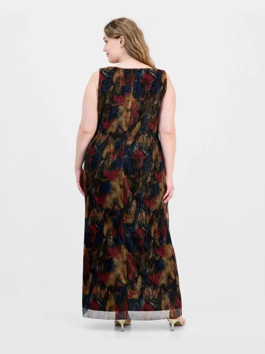 Платье-миди без рукавов с принтом, модель Metallic-Print Twist-Front Sleeveless Connected — изображение 2 из 5, коричневый