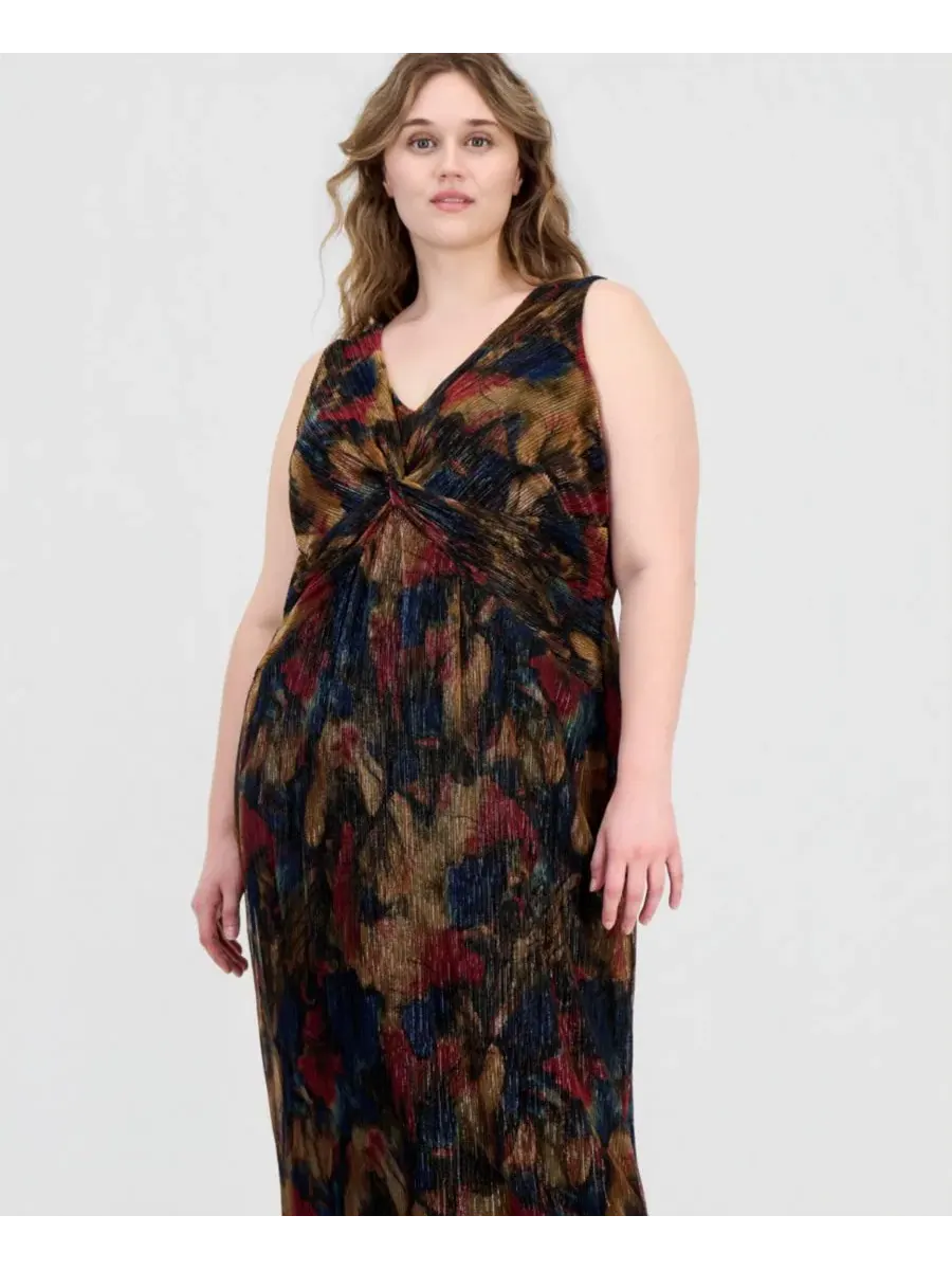 Платье-миди без рукавов с принтом, модель Metallic-Print Twist-Front Sleeveless Connected — изображение 3 из 5, коричневый
