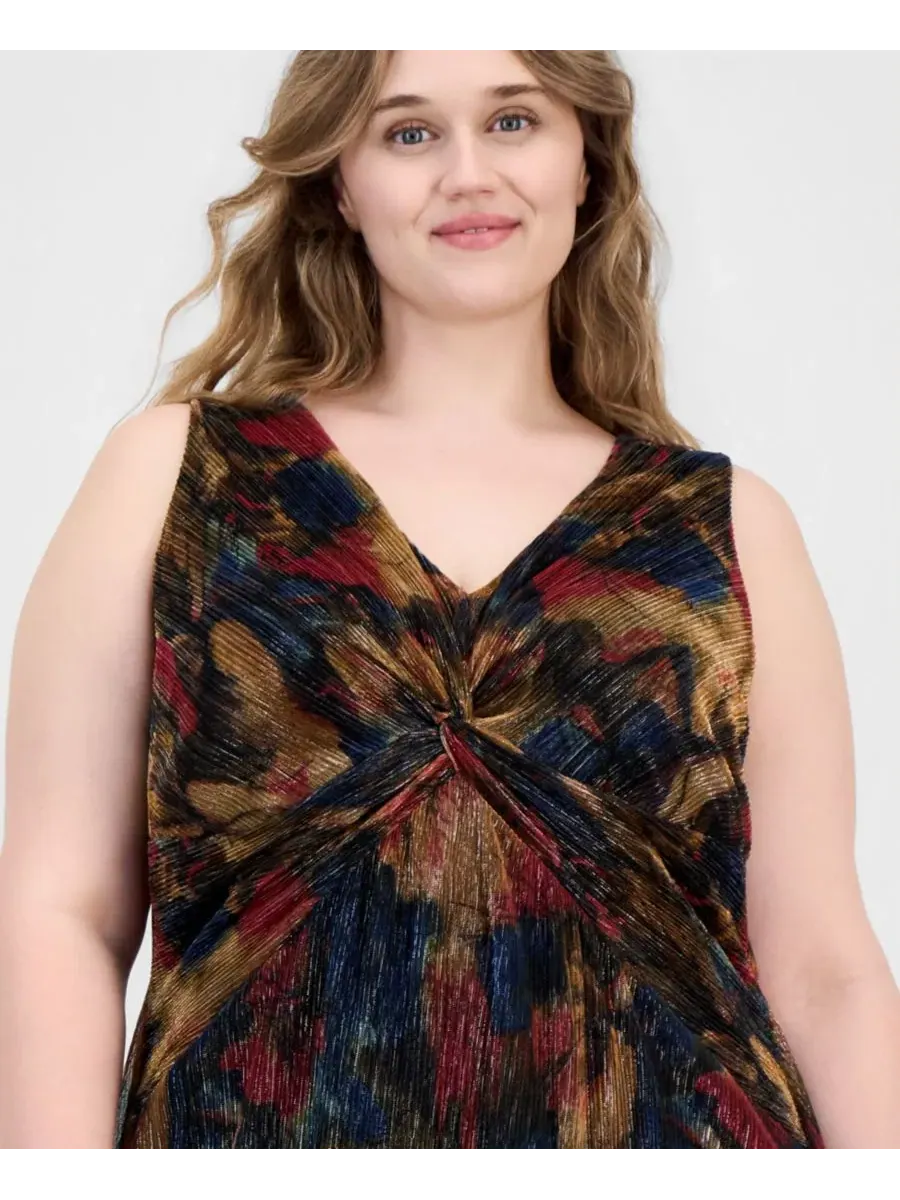 Платье-миди без рукавов с принтом, модель Metallic-Print Twist-Front Sleeveless Connected — изображение 4 из 5, коричневый